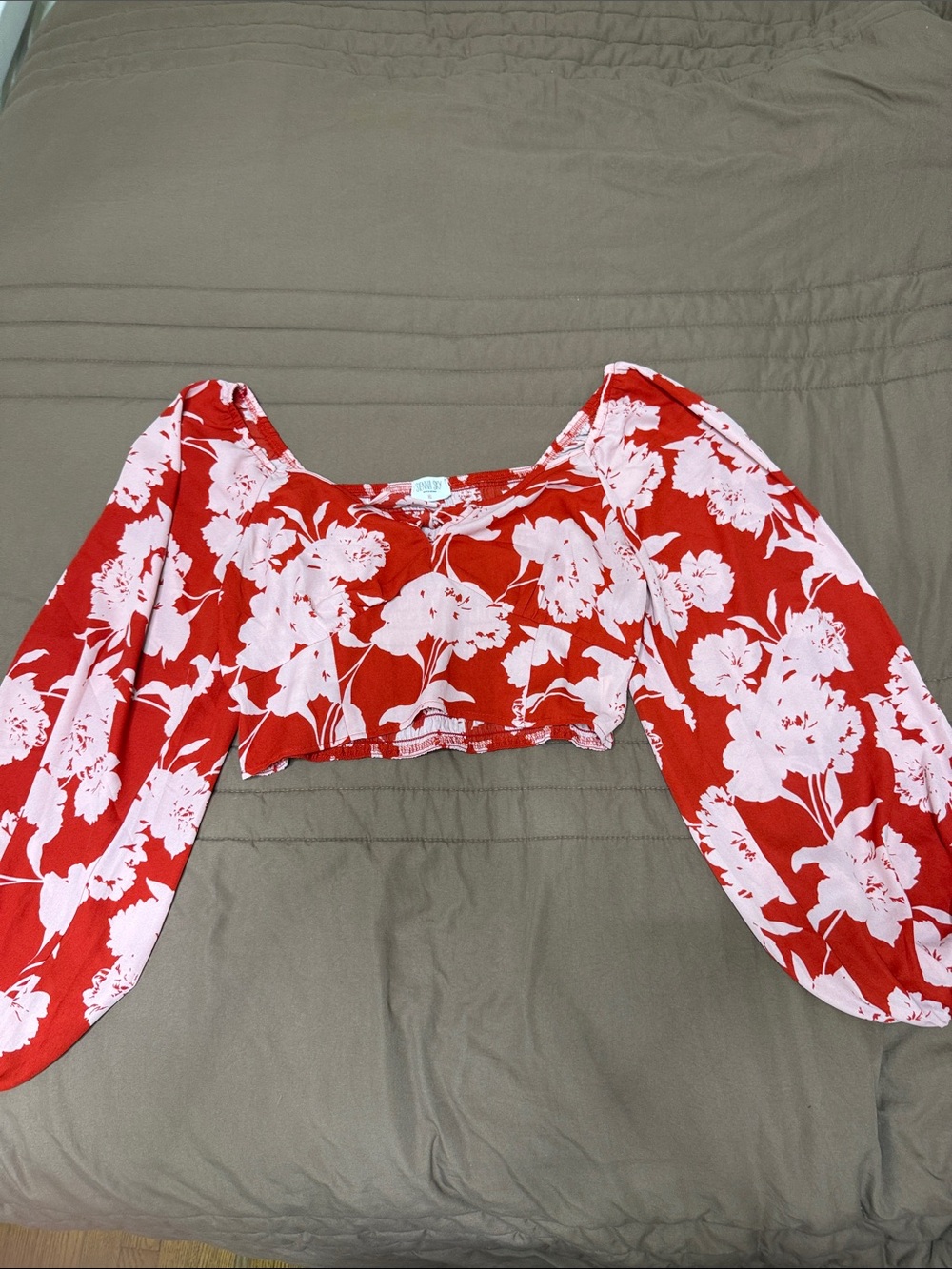 Sienna Sky Red and White Floral Puff-Sleeve Crop Top